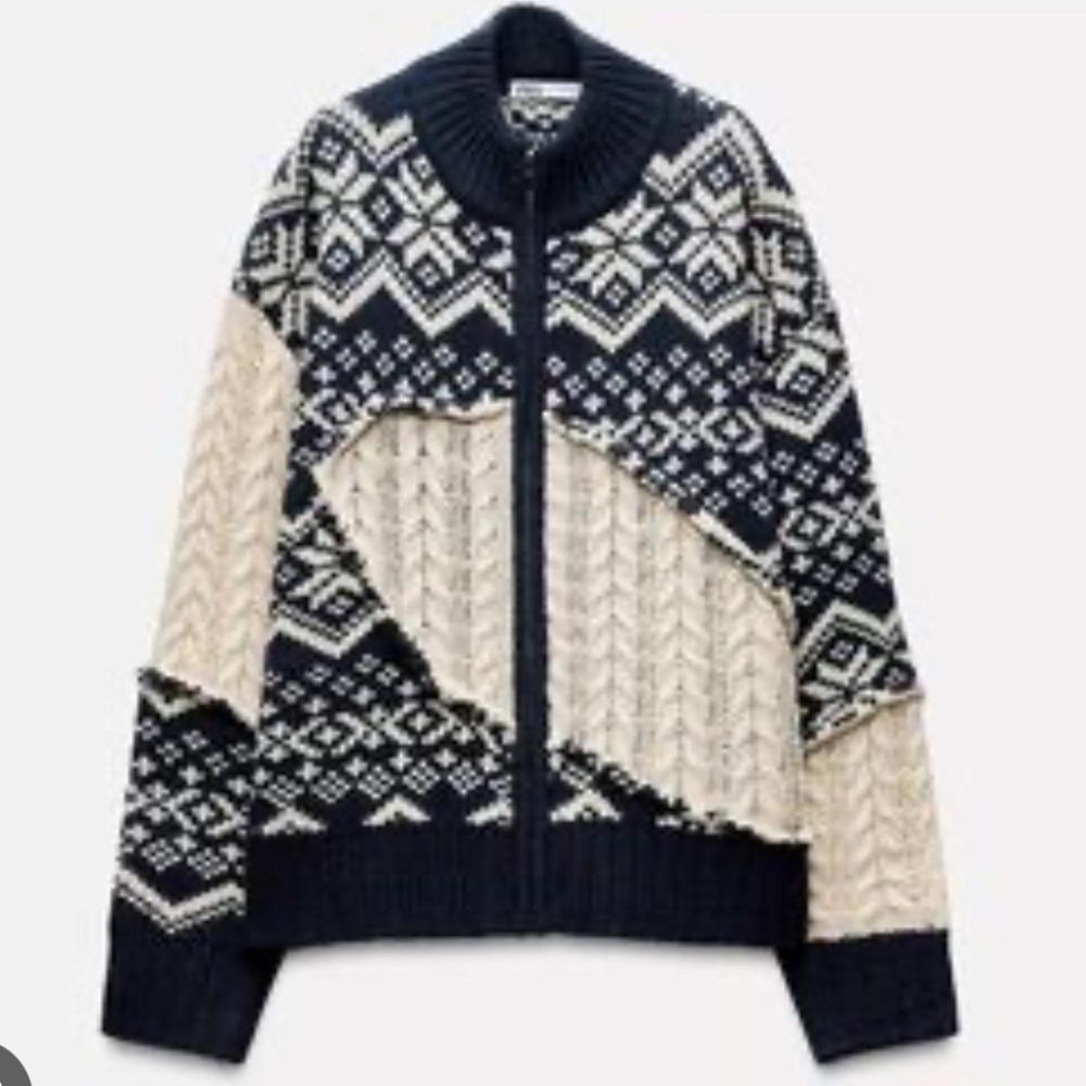 Zara. Navy and Cream Fair Isle Zip-Up Sweater/ Shacket